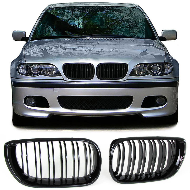 XWQ 2Pcs Car Grille Double Line Easy to Install Brilliant Black  Professional Front Bumper Kidney Grille 51138208489 51138208490 for BMW E46  Sedan 98-01 M Style 
