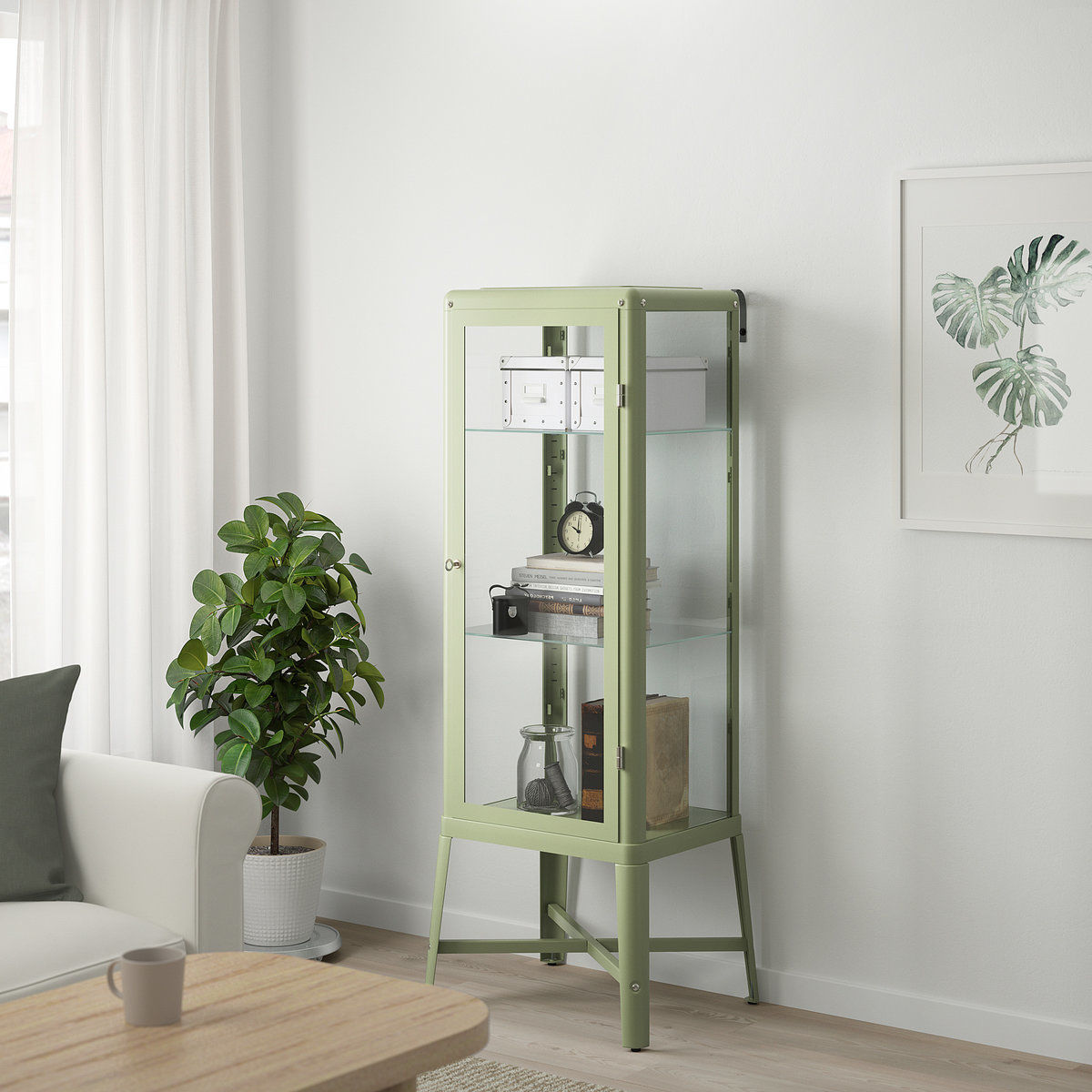Exclusive IKEA FABRIKÖR glass-door cabinet 57x47x150cm pale grey-green