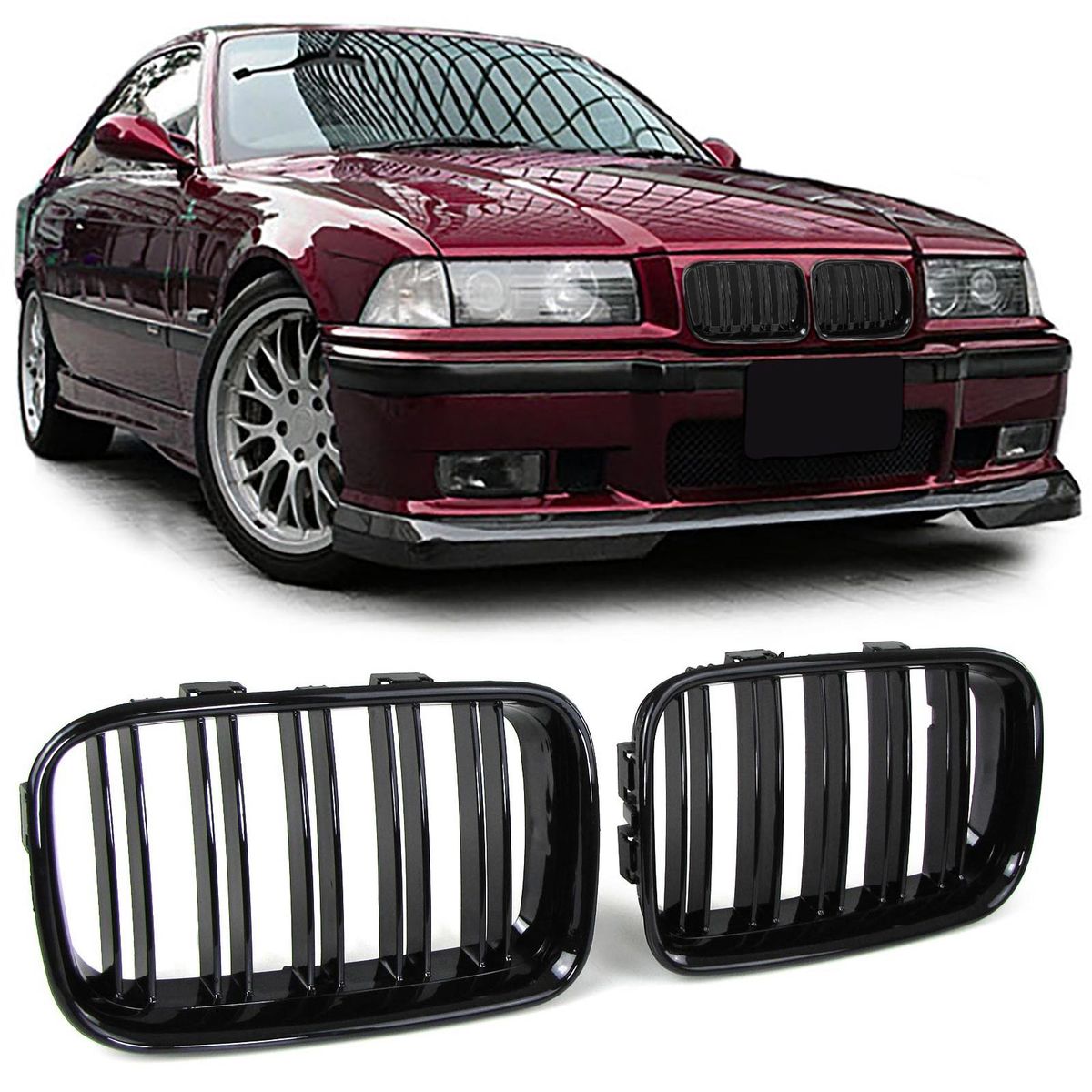 Black Gloss Double Bar Kidney Grills For BMW E36 Pre-facelift 91-96 in ...