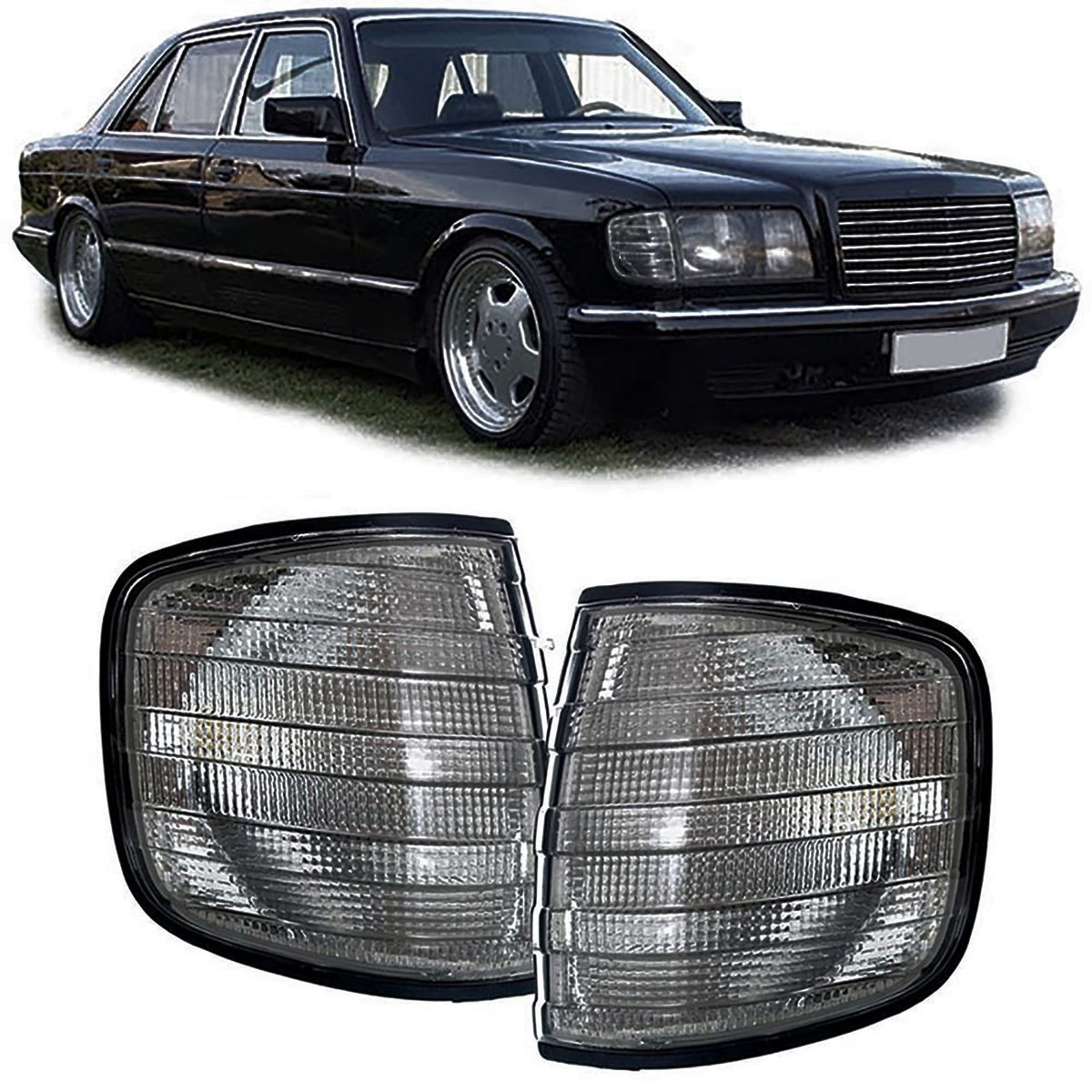 Smoked Front Turn signals/ Indicators For Mercedes W126 Saloon in